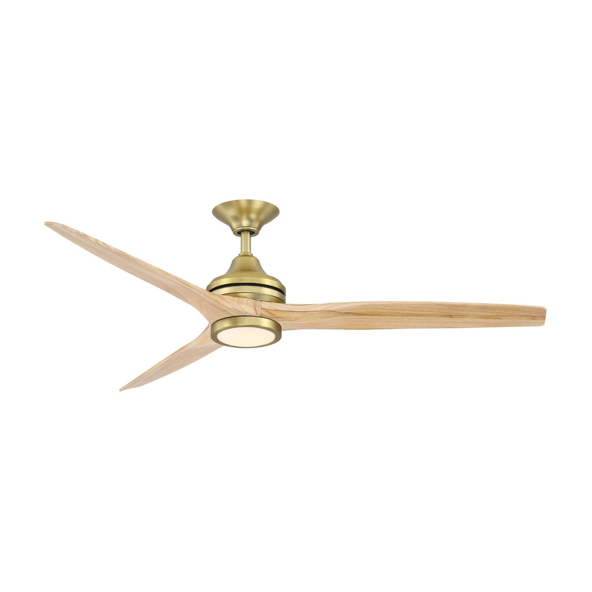 Ceiling fan with brushed brass housing and light wood blades with round light kit