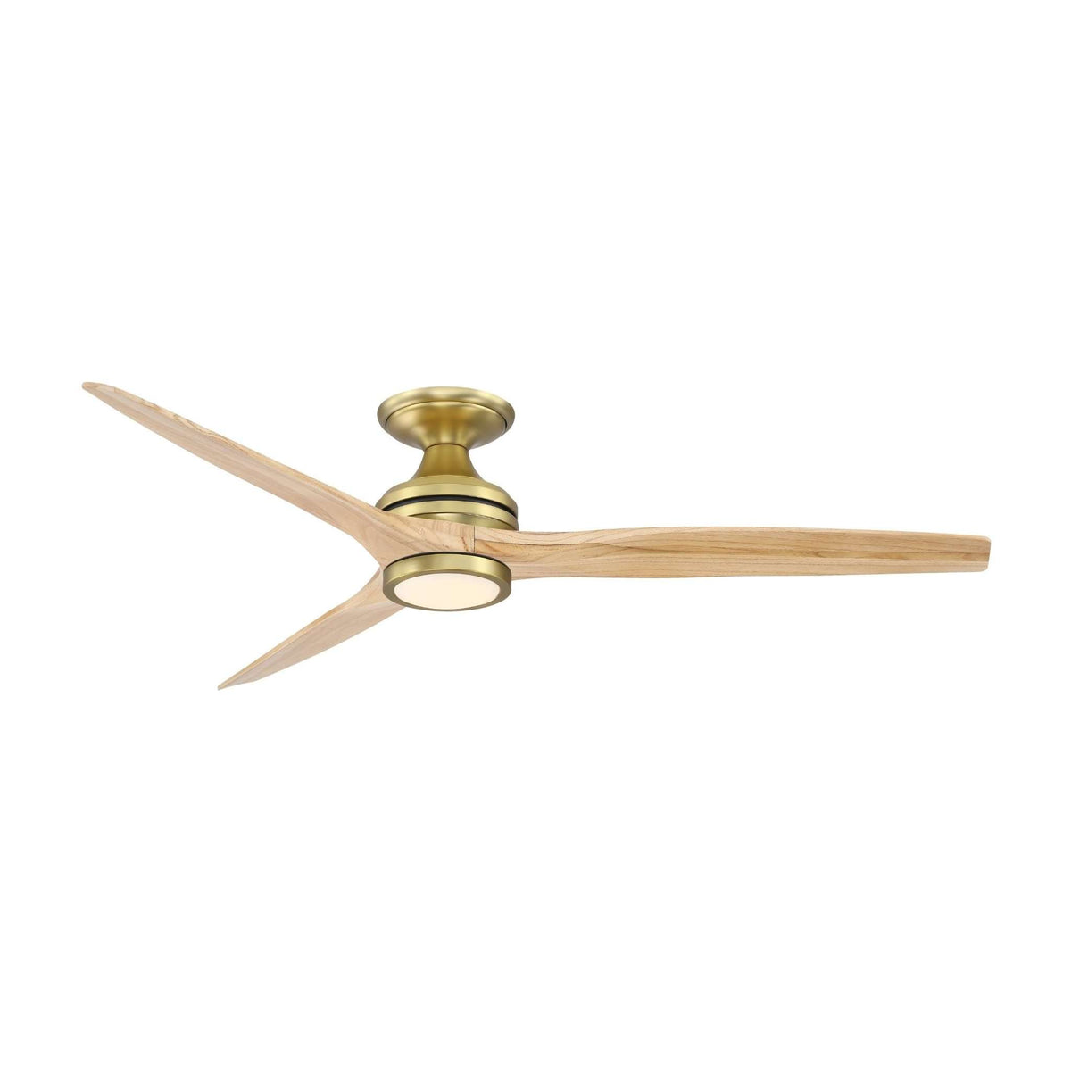 Ceiling fan motor in brushed brass with light wood blades and integrated light