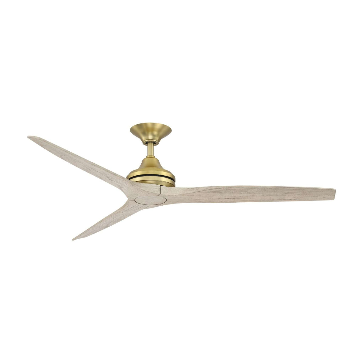 Ceiling fan with brushed brass housing and light wood blades