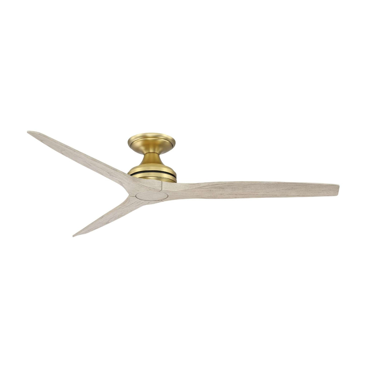 Ceiling fan motor with brushed brass canopy and light wood blades