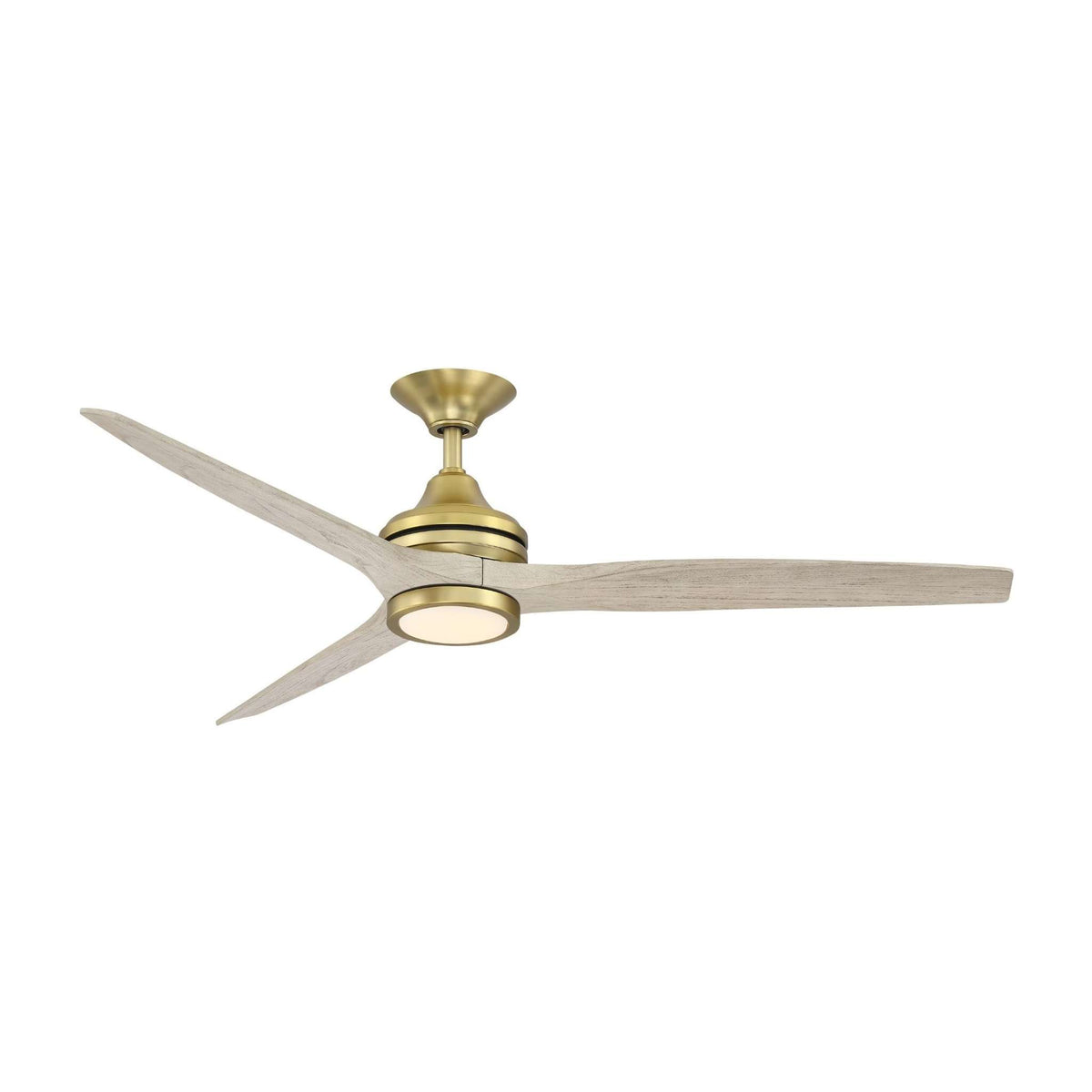 Brushed satin brass ceiling fan with three light blades and circular light kit