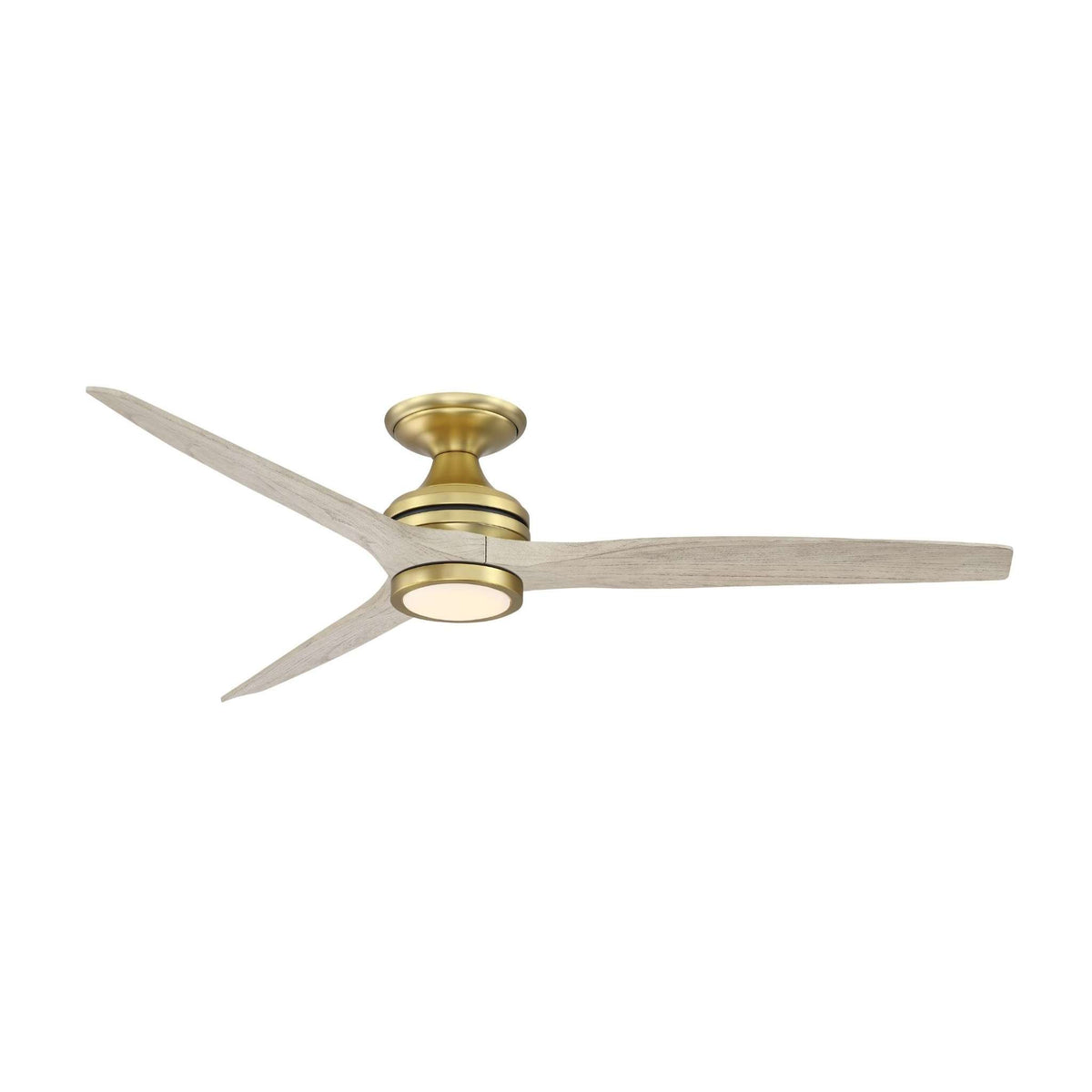 Brushed satin brass ceiling fan with three light blades, angled view