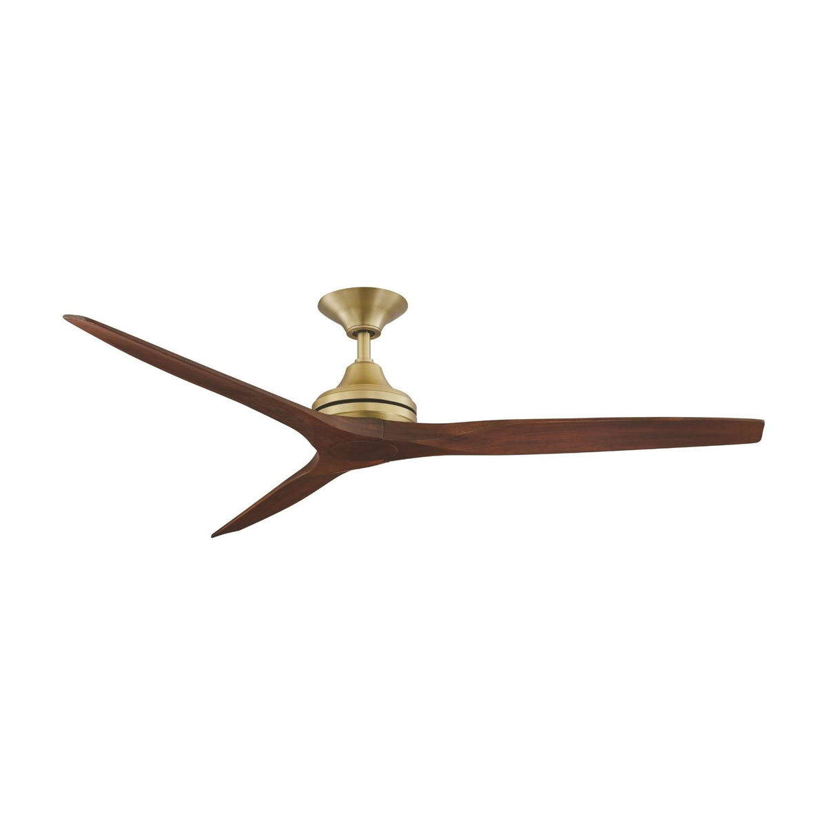 Brushed satin brass ceiling fan with three dark brown blades and brass light kit