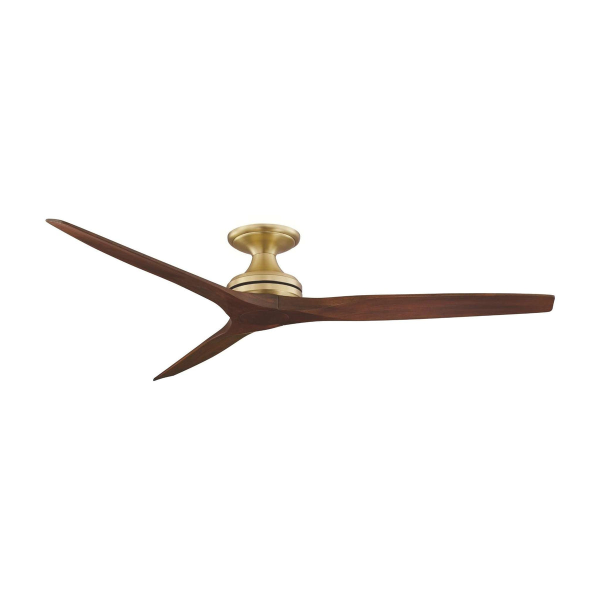 Brushed satin brass ceiling fan with three dark brown blades, side-angle view