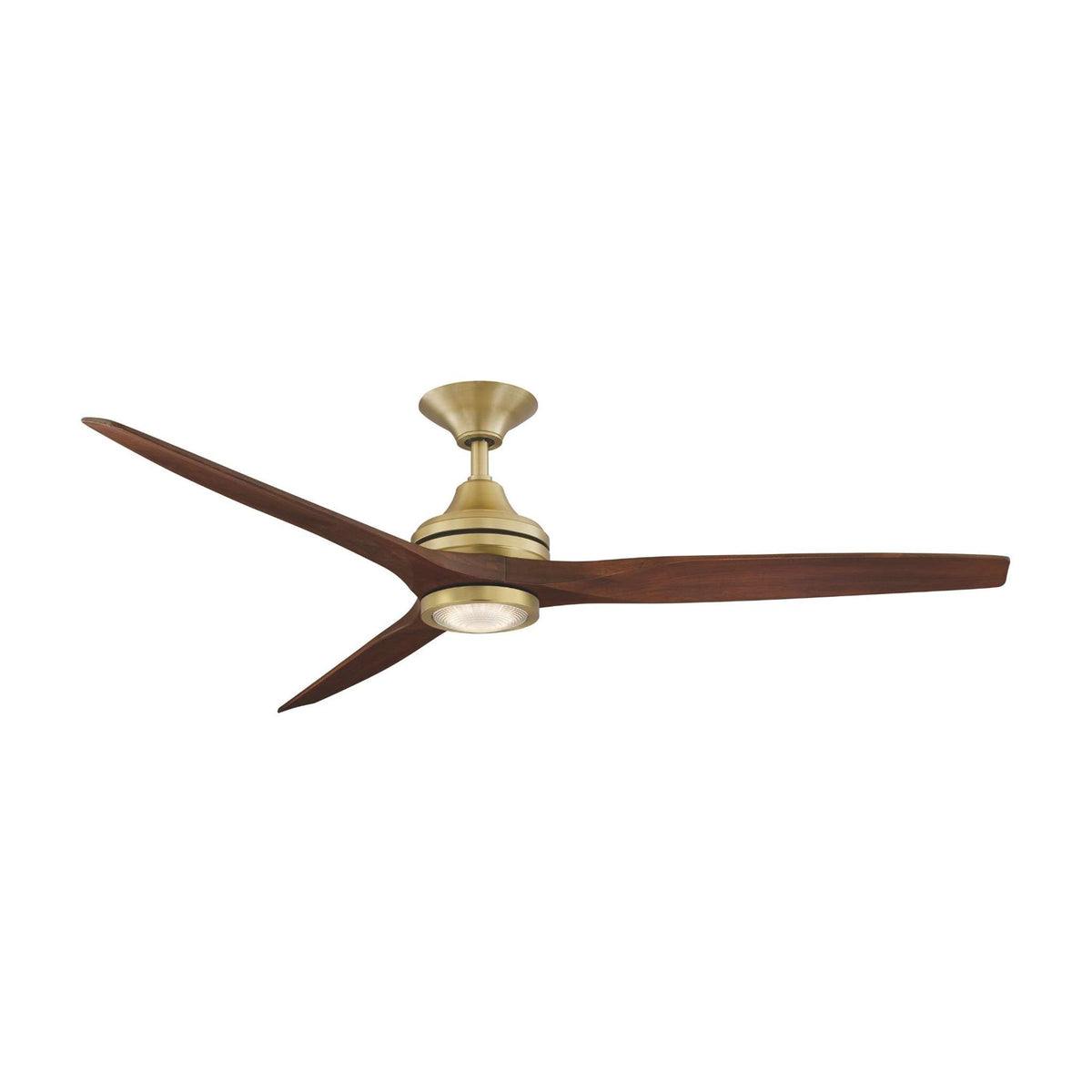 Brushed satin brass ceiling fan with three dark brown blades and round light cover