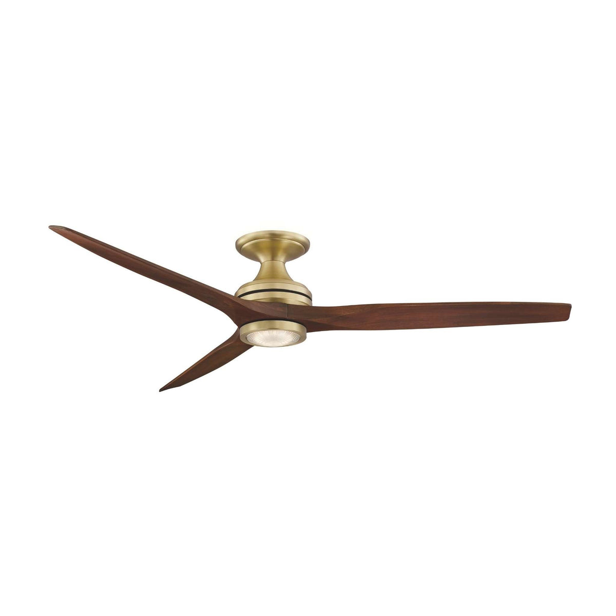 Brushed satin brass ceiling fan with three dark brown blades, angled front view