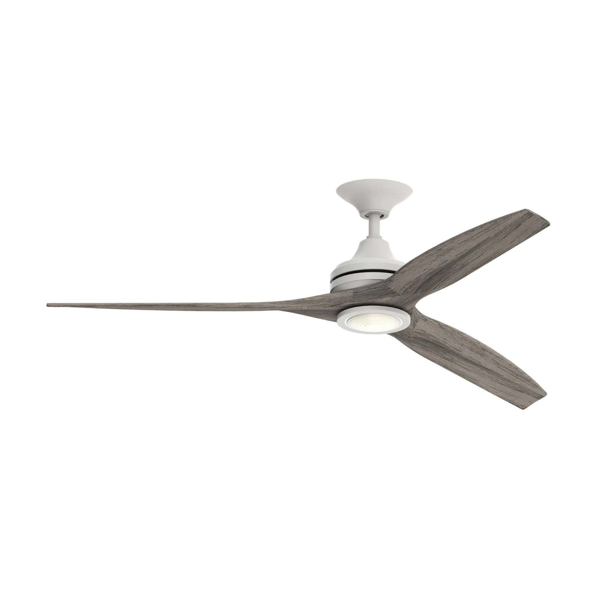 Matte white AC ceiling fan motor with dark gray blades and lit light kit.