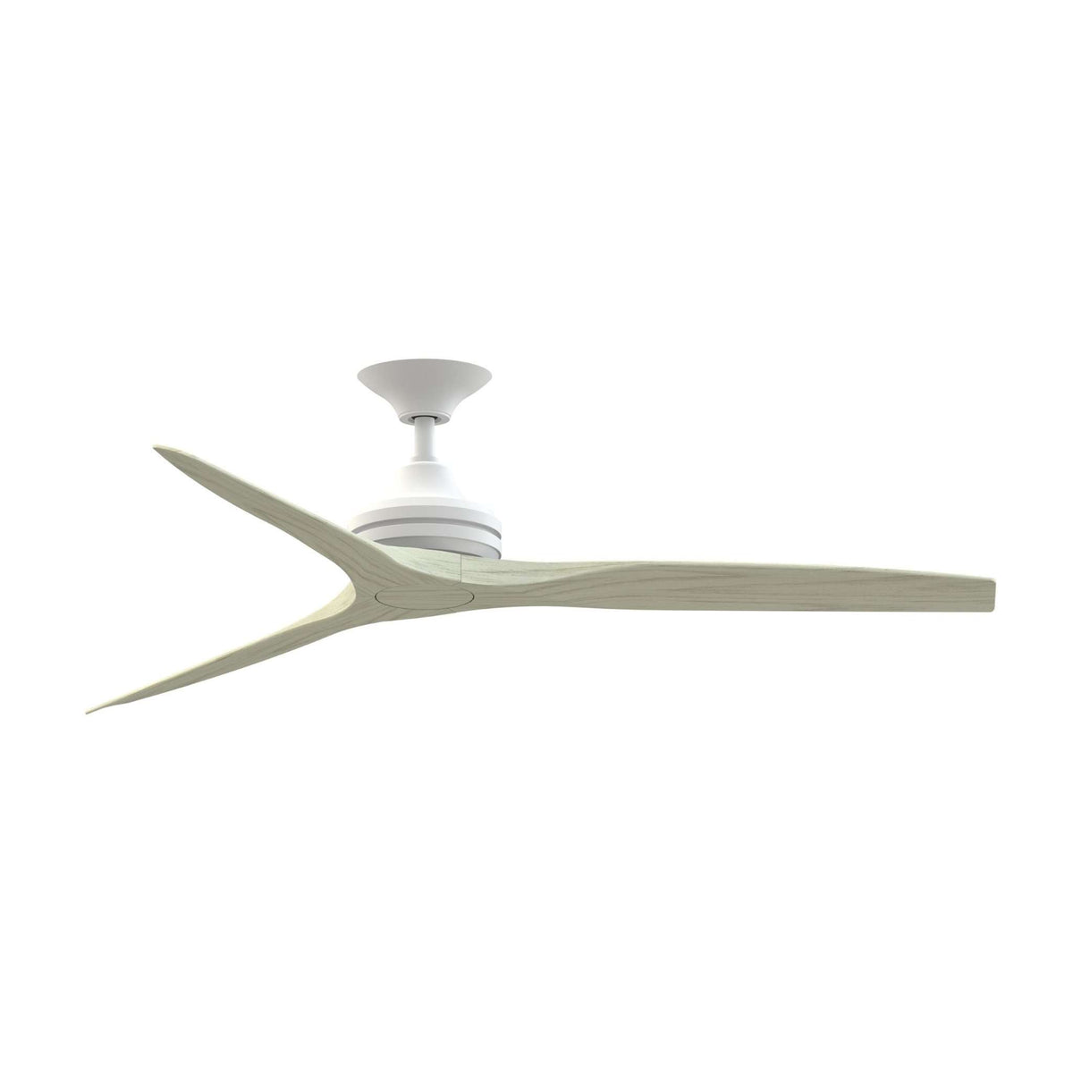 Matte white ceiling fan motor with light fixture and pale gray blades on.