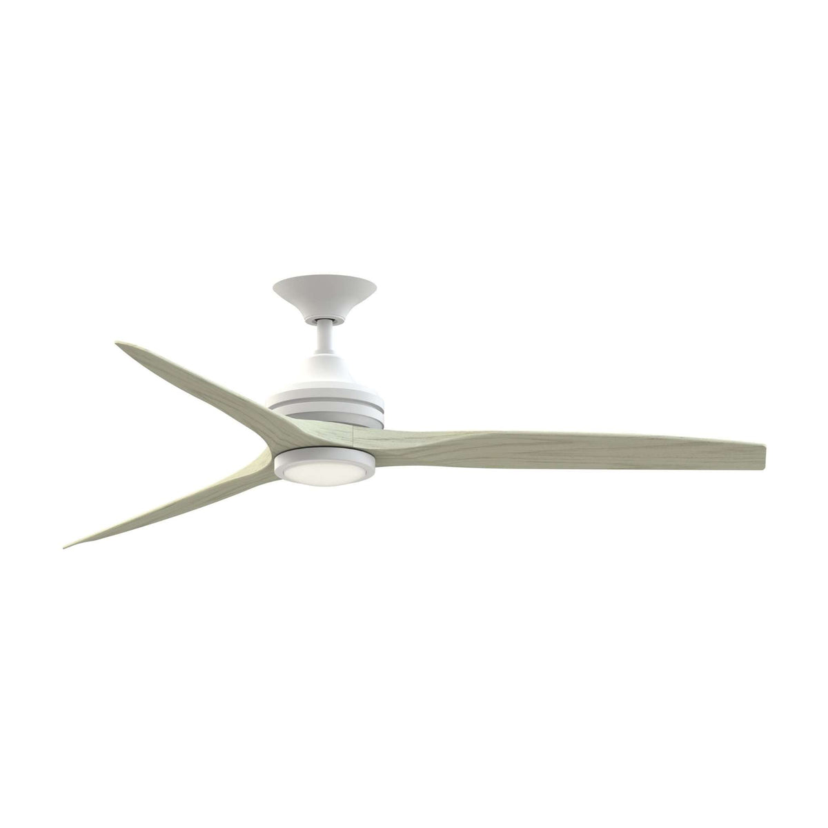 Matte white ceiling fan motor with lit light kit and pale gray blades on.