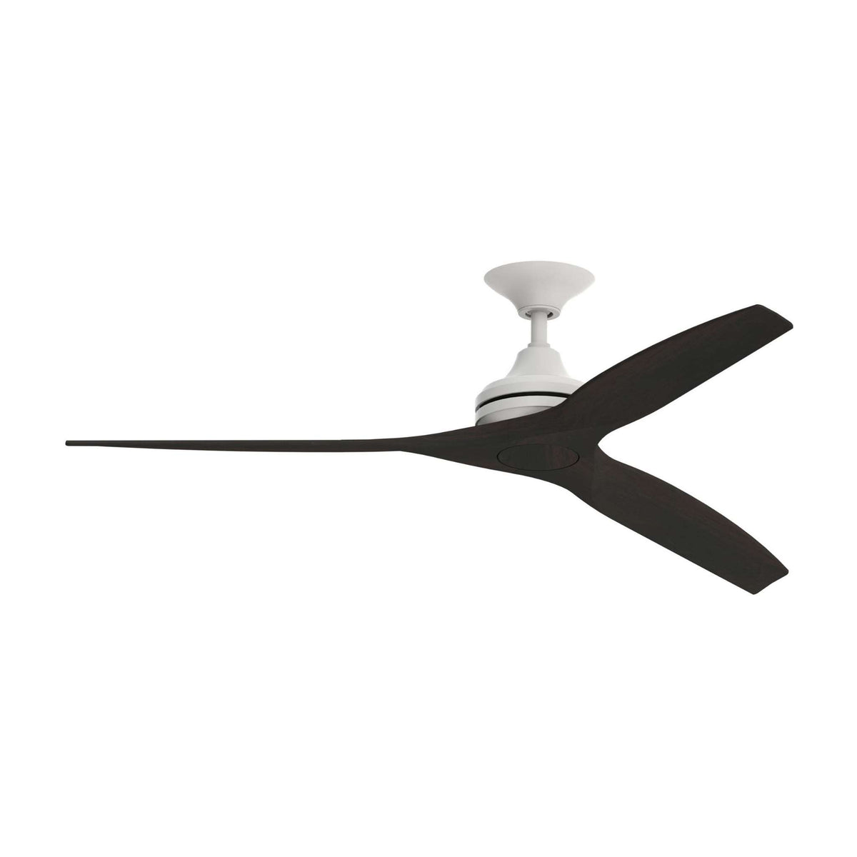 Matte white AC ceiling fan motor with black blades and no visible light on.