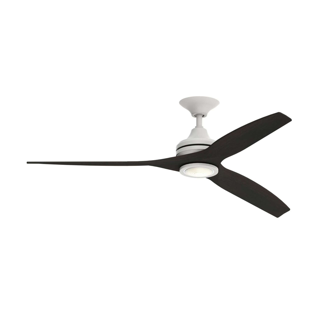 Matte white ceiling fan motor with black blades and lit light kit.