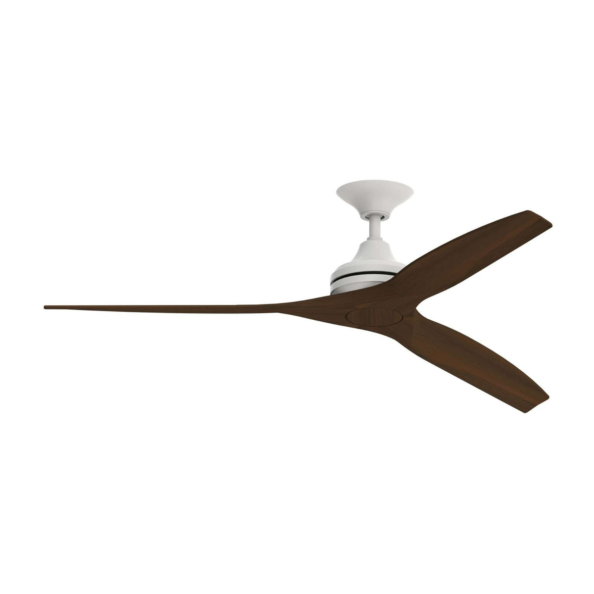 Matte white ceiling fan motor with brown blades and no visible light on.