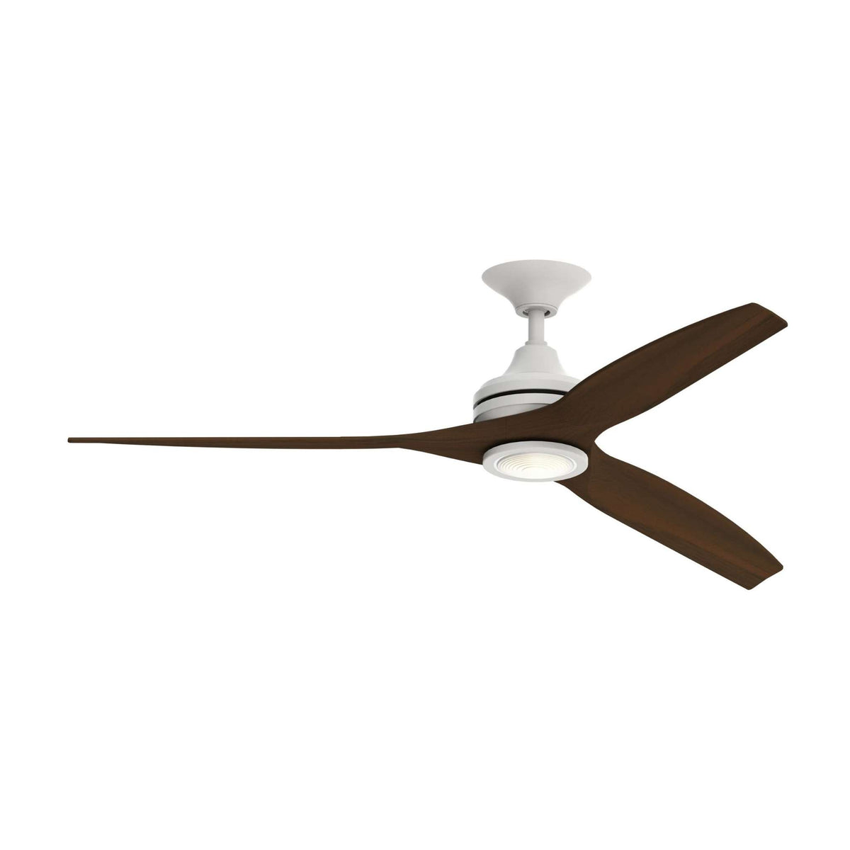 Matte white ceiling fan motor with brown blades and lit light kit.