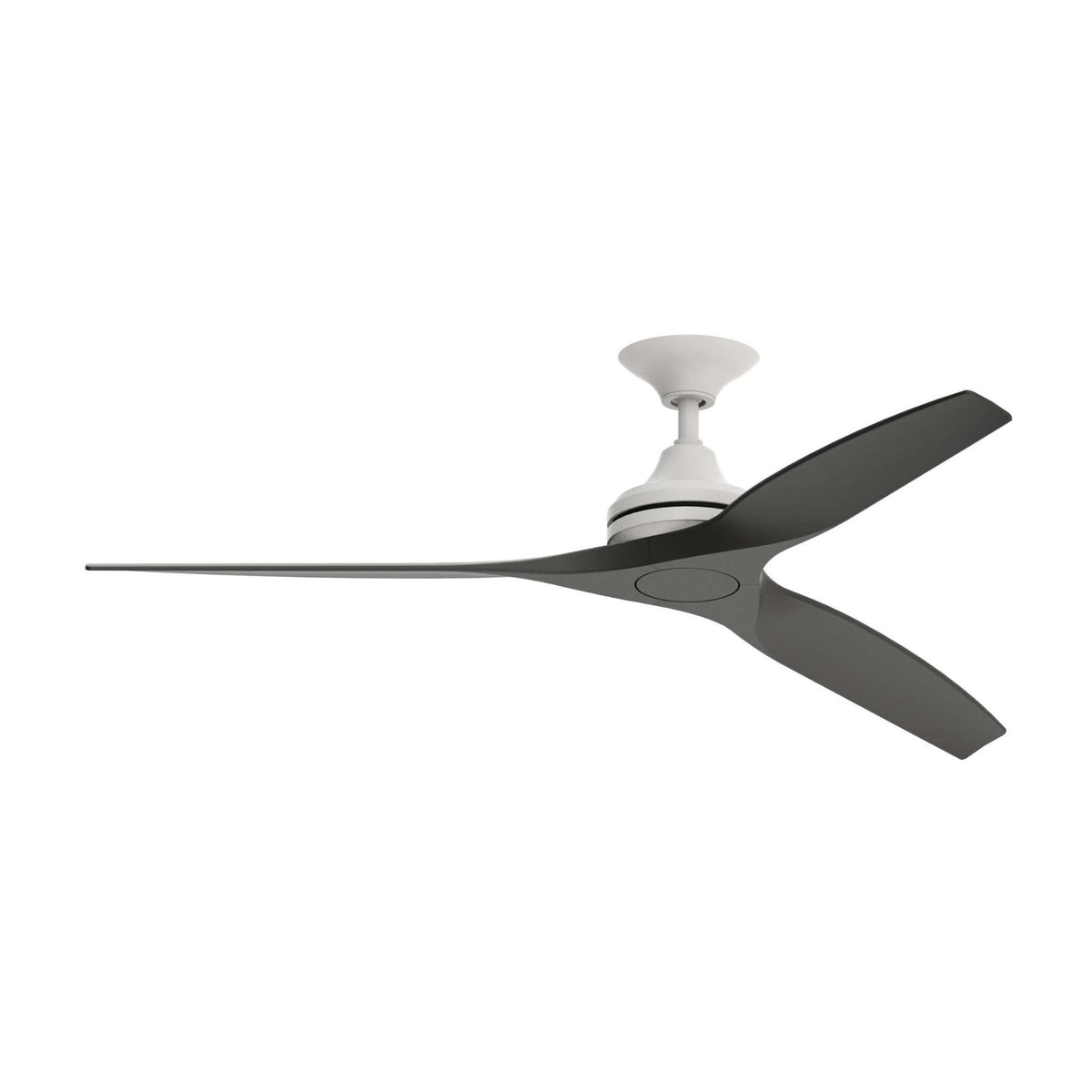Matte white ceiling fan motor with dark blades and no visible light on.