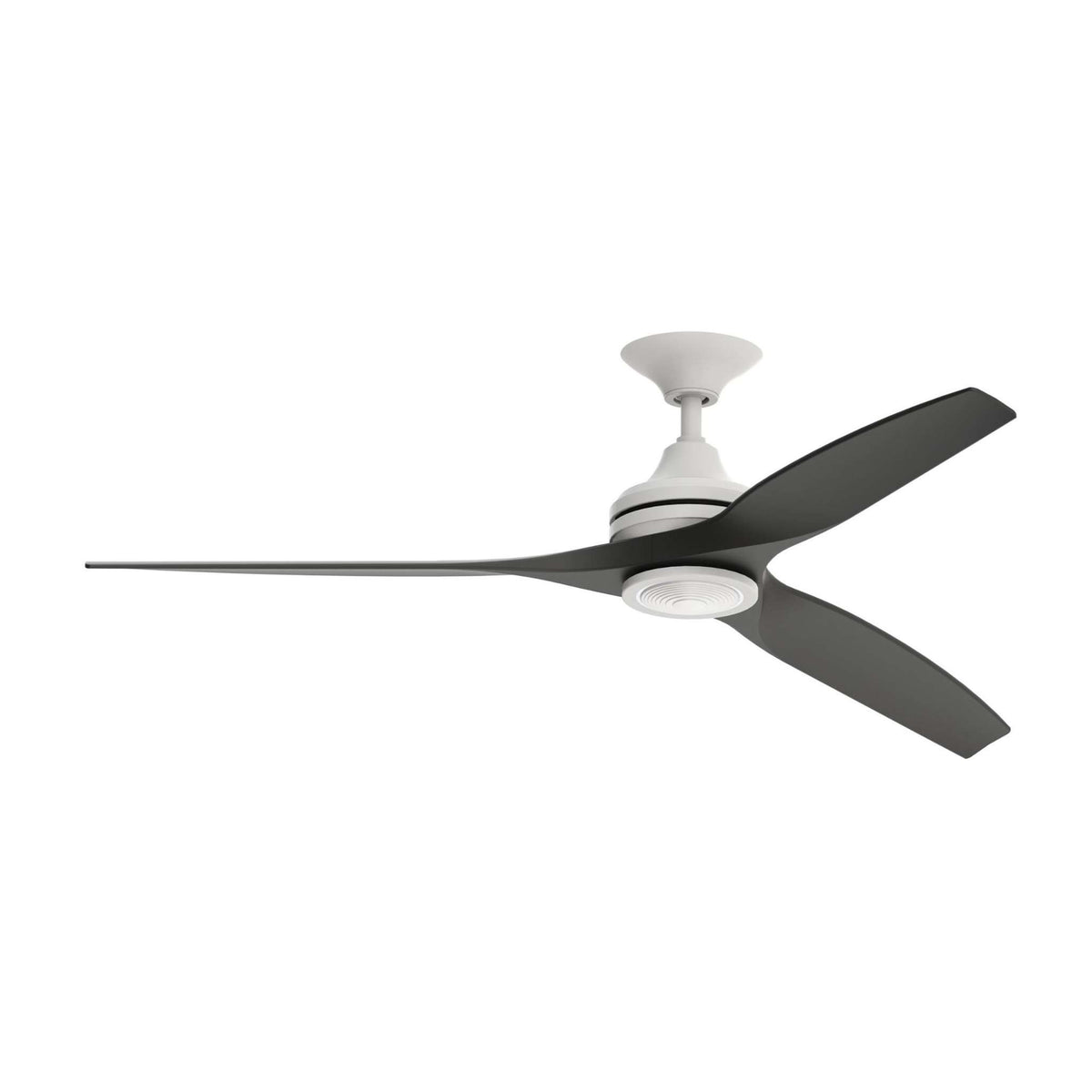 Ceiling fan with matte white motor housing and three dark gray blades