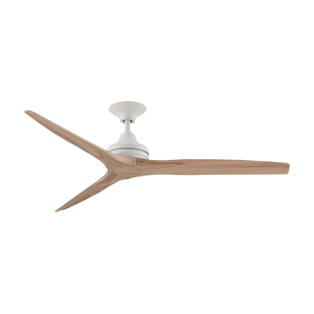 Ceiling fan with matte white motor housing and three light wood blades