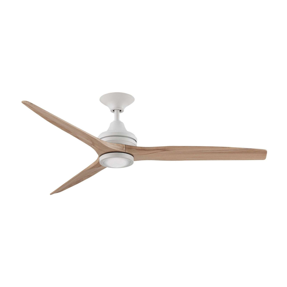 Ceiling fan with matte white motor housing and three light wood blades
