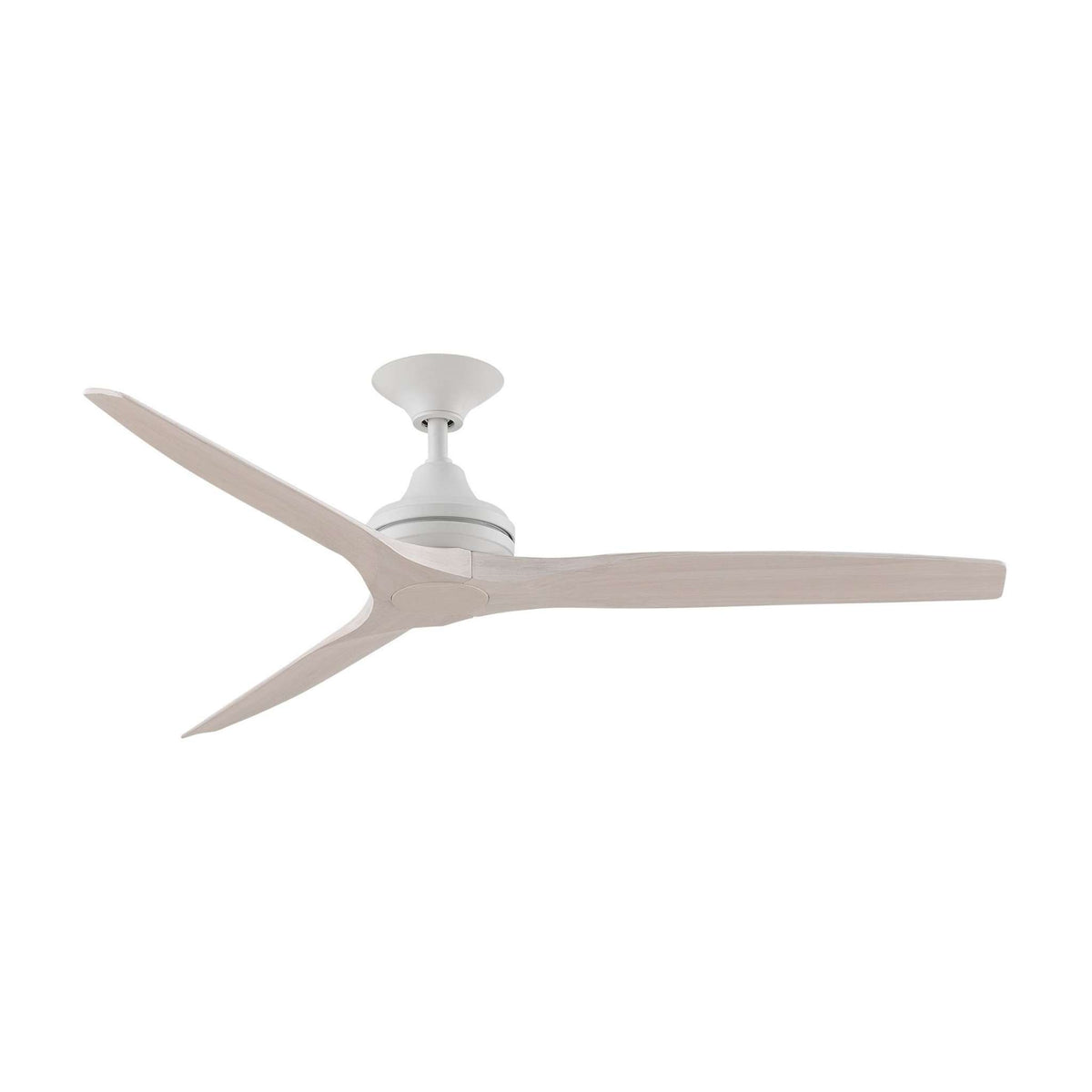 Ceiling fan with matte white motor housing and three light wood blades