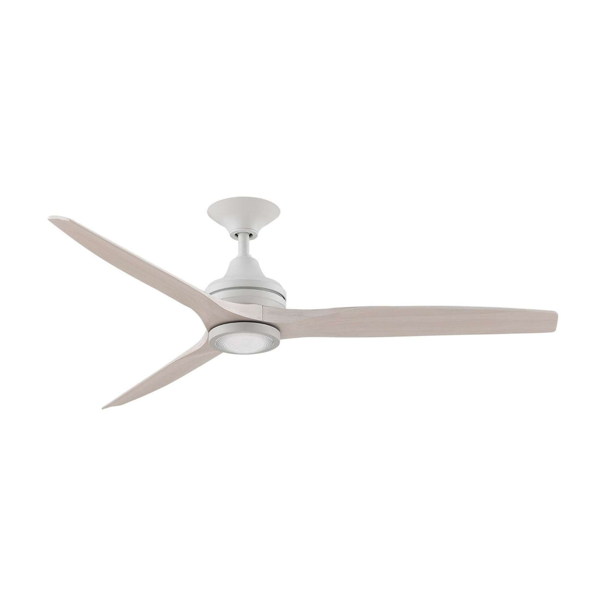 Ceiling fan with matte white motor housing and three light wood blades