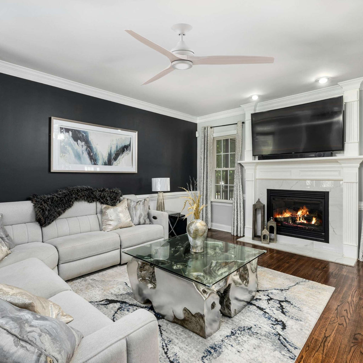 Matte white AC ceiling fan with five blades and central motor housing