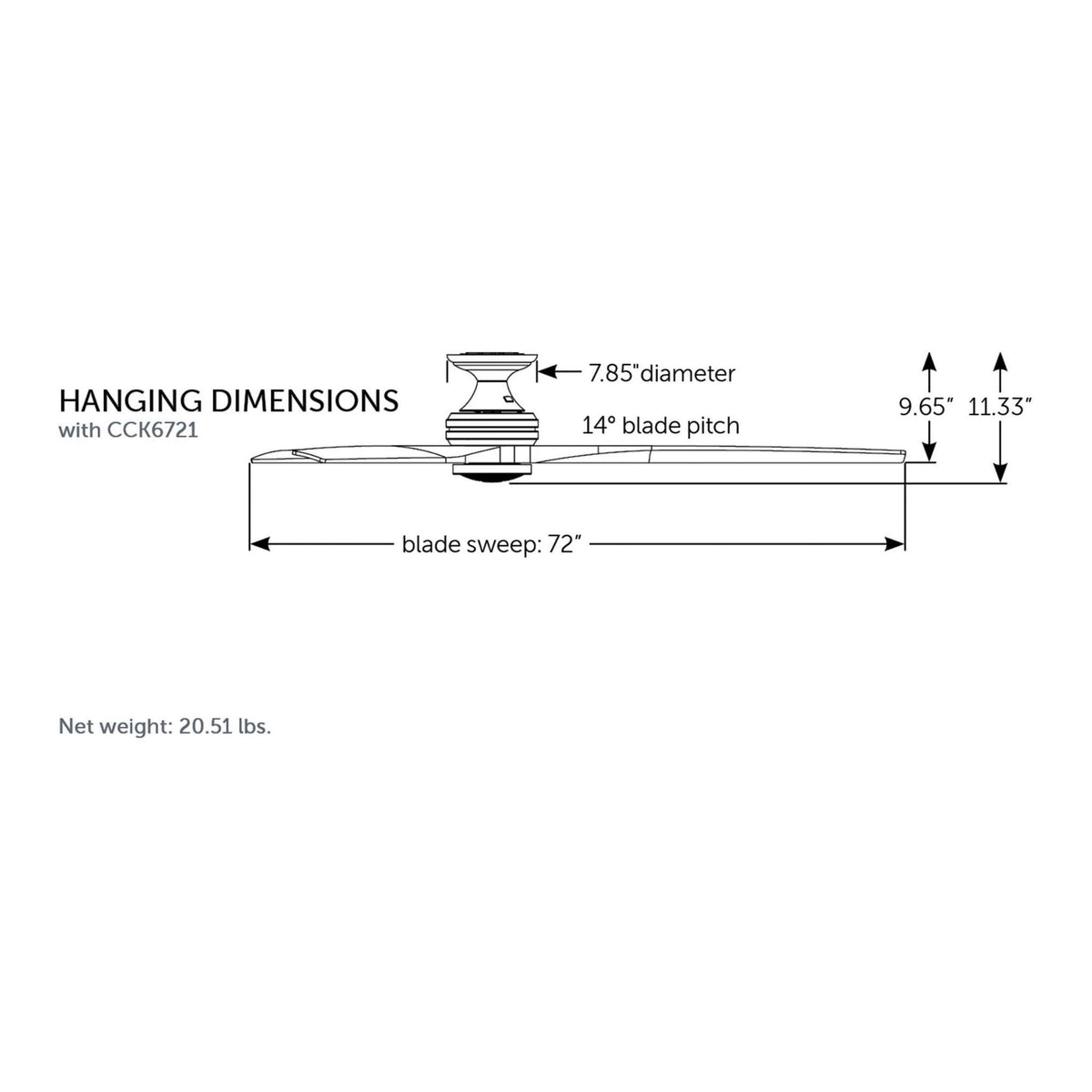 Ceiling fan hanging dimensions diagram with CCK6721 downrod and blade sweep 72 in
