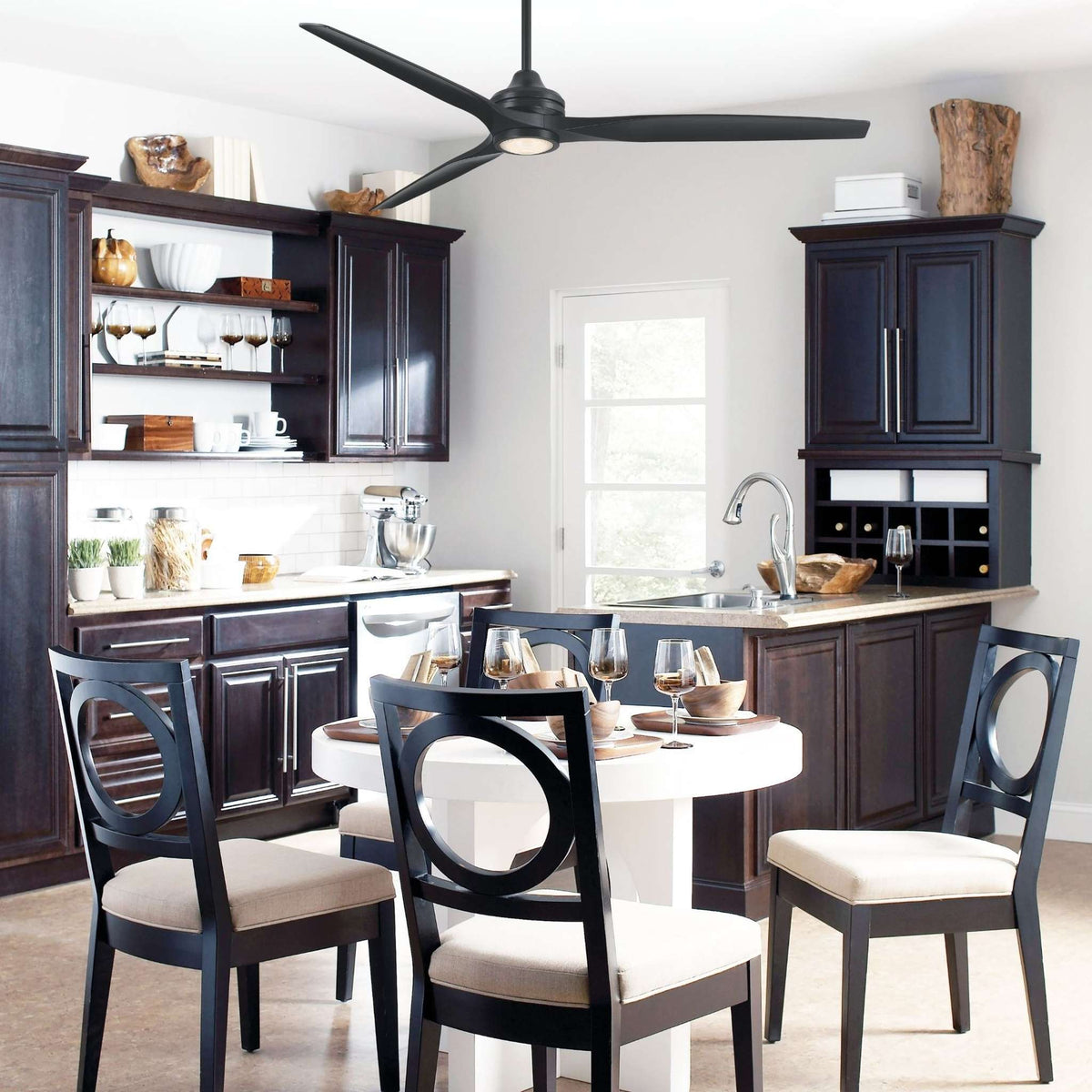 Black ceiling fan motor with five dark blades