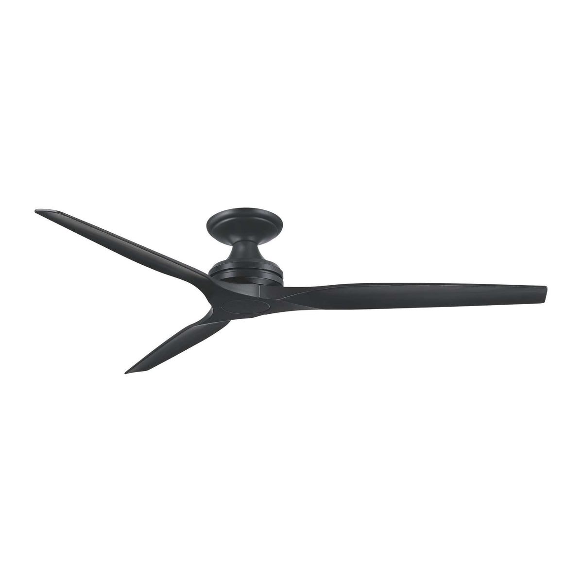 Black ceiling fan with five blades and downrod mount, side view