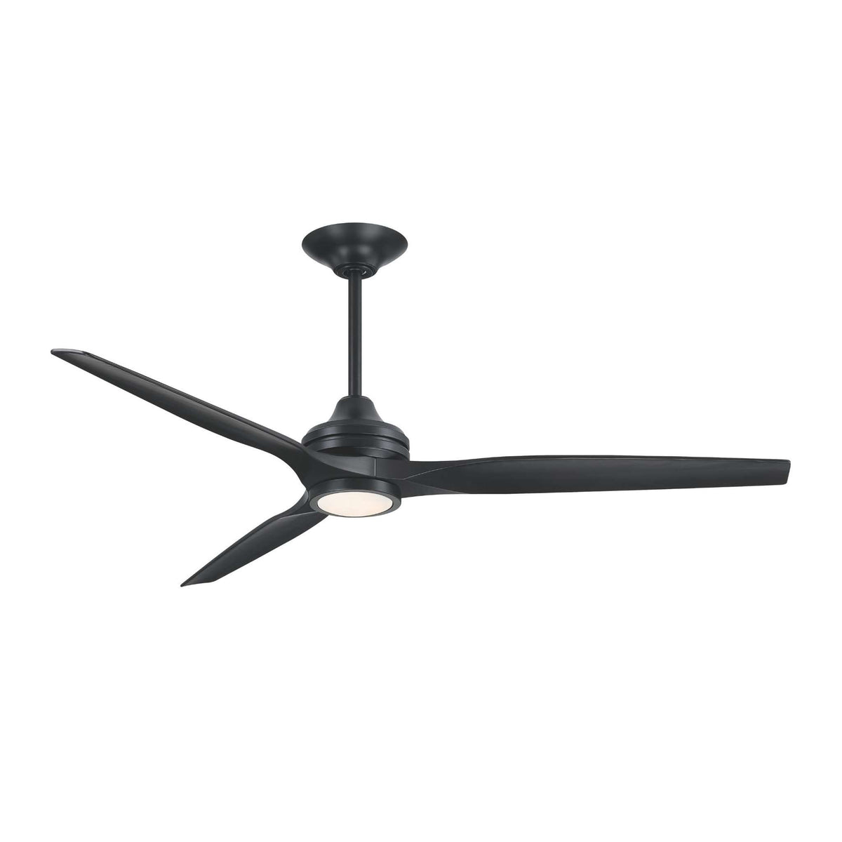 Black ceiling fan with downrod mount and white light kit dome, front view