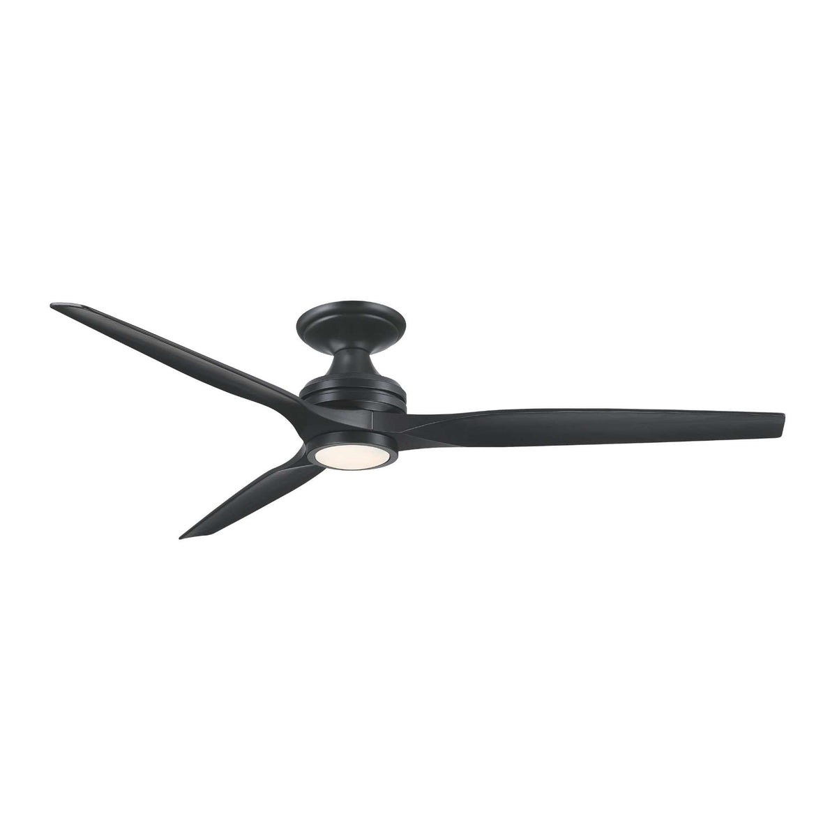 Black ceiling fan with five blades and white light kit dome, angled view