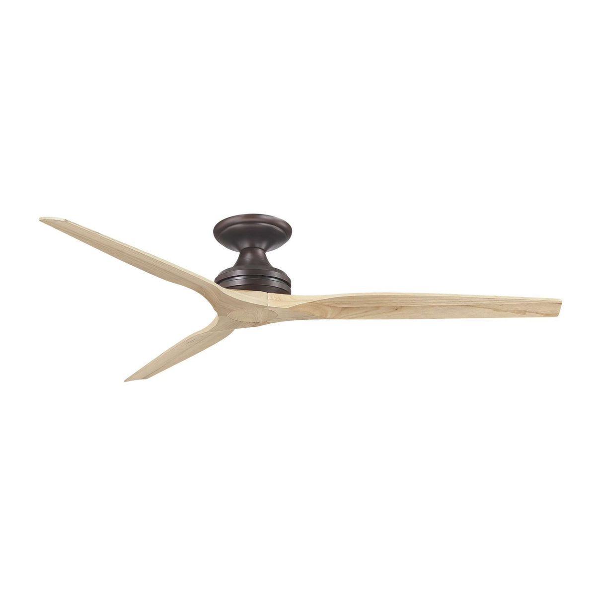 Dark bronze ceiling fan motor with four pale wood-look blades