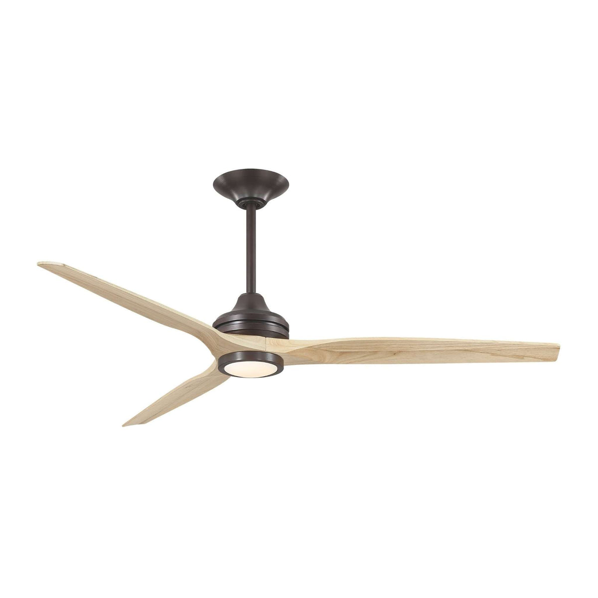 Dark bronze ceiling fan with pale wood-look blades and round light cover