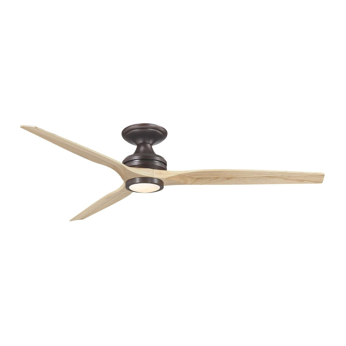 Dark bronze ceiling fan with four pale wood-look blades and light housing