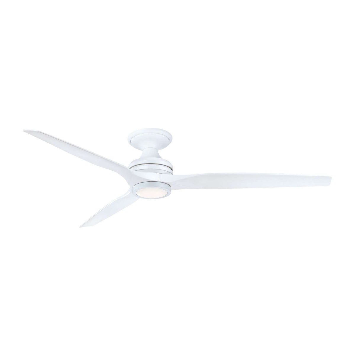 Matte white 4-blade ceiling fan viewed from an angle with round light housing