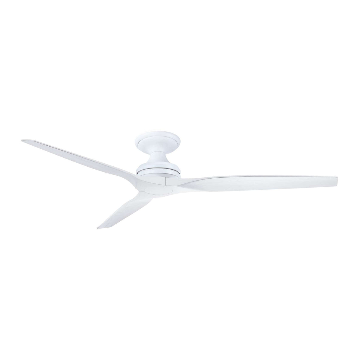 Matte white ceiling fan with 4 blades and circular light fixture on a downrod