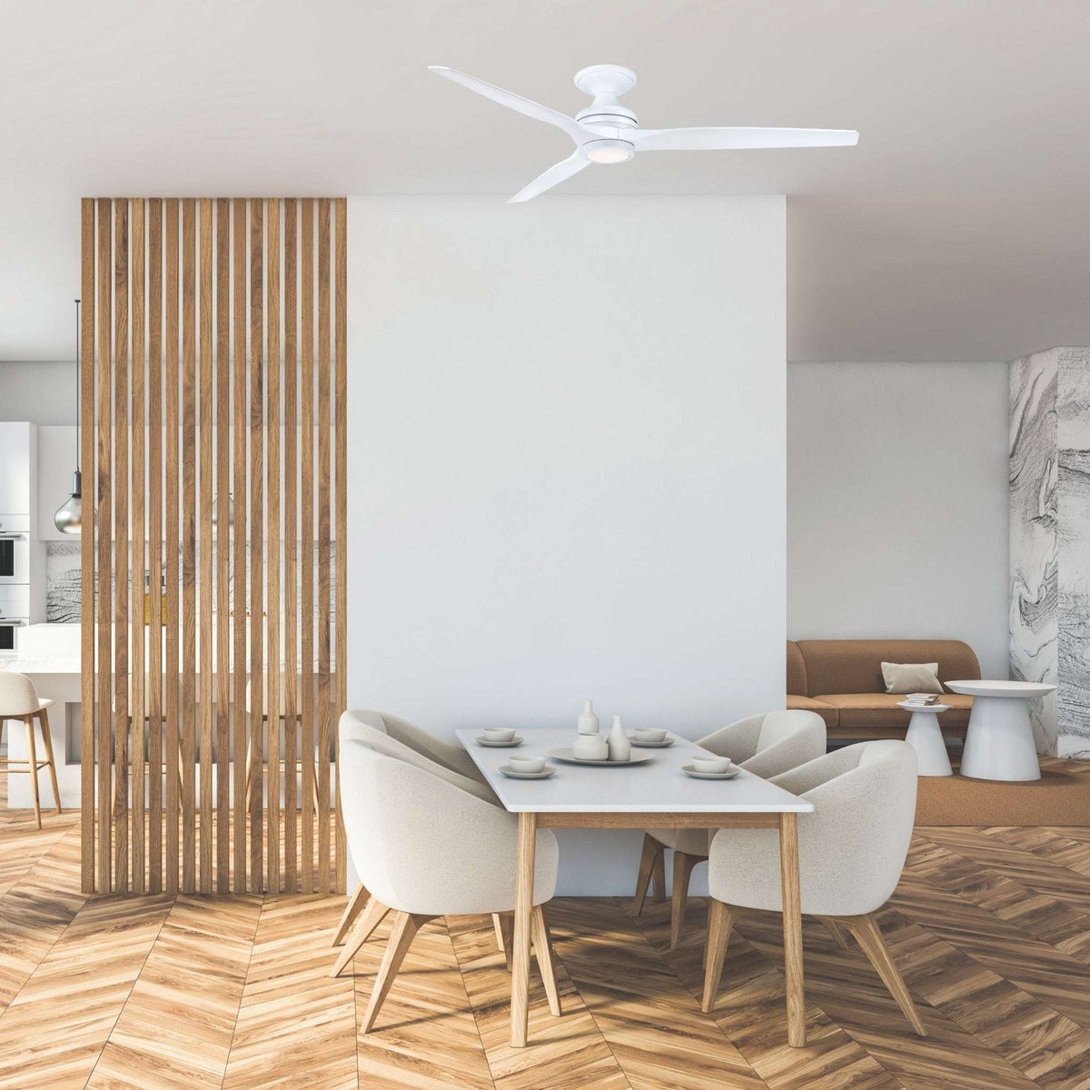 Matte white ceiling fan with blades mounted on ceiling