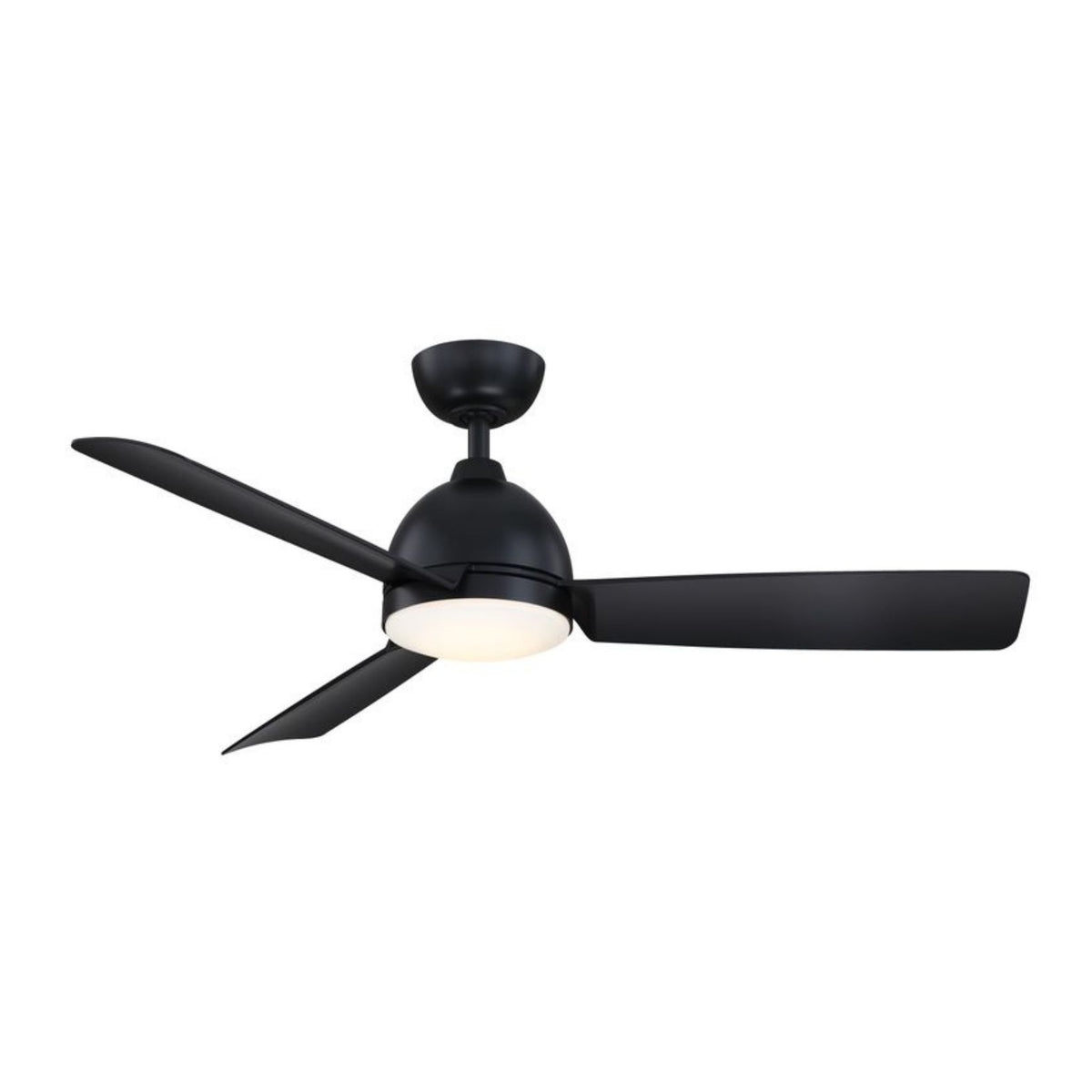 Black ceiling fan with LED light kit and four blades, angled view
