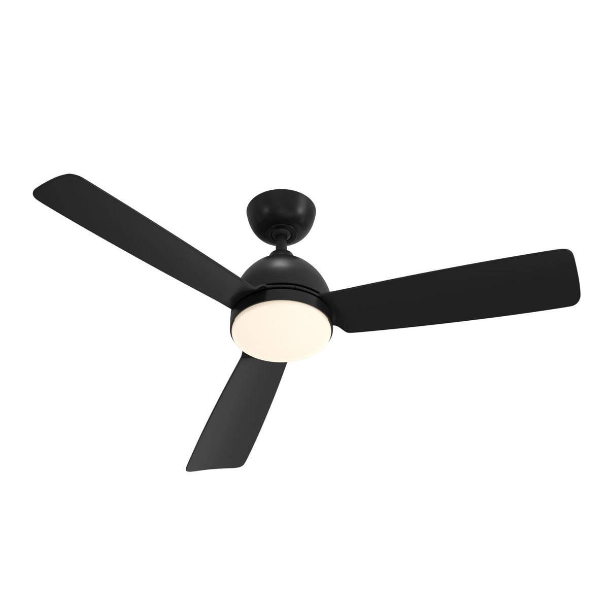 Black outdoor LED ceiling fan with three blades and frosted light cover