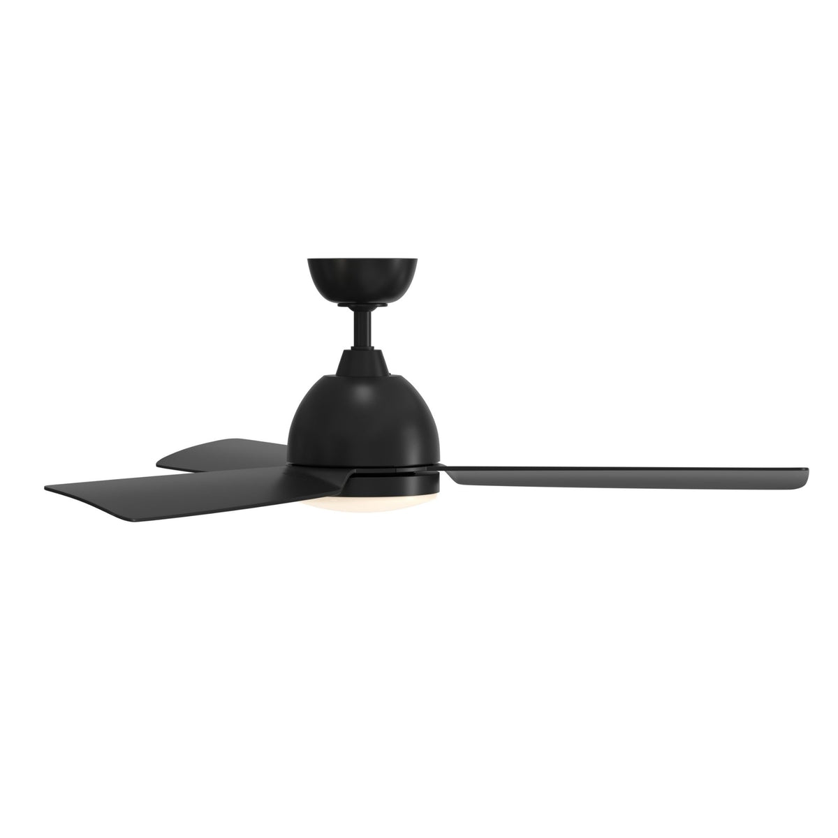 Black ceiling fan with three long blades and frosted LED light panel