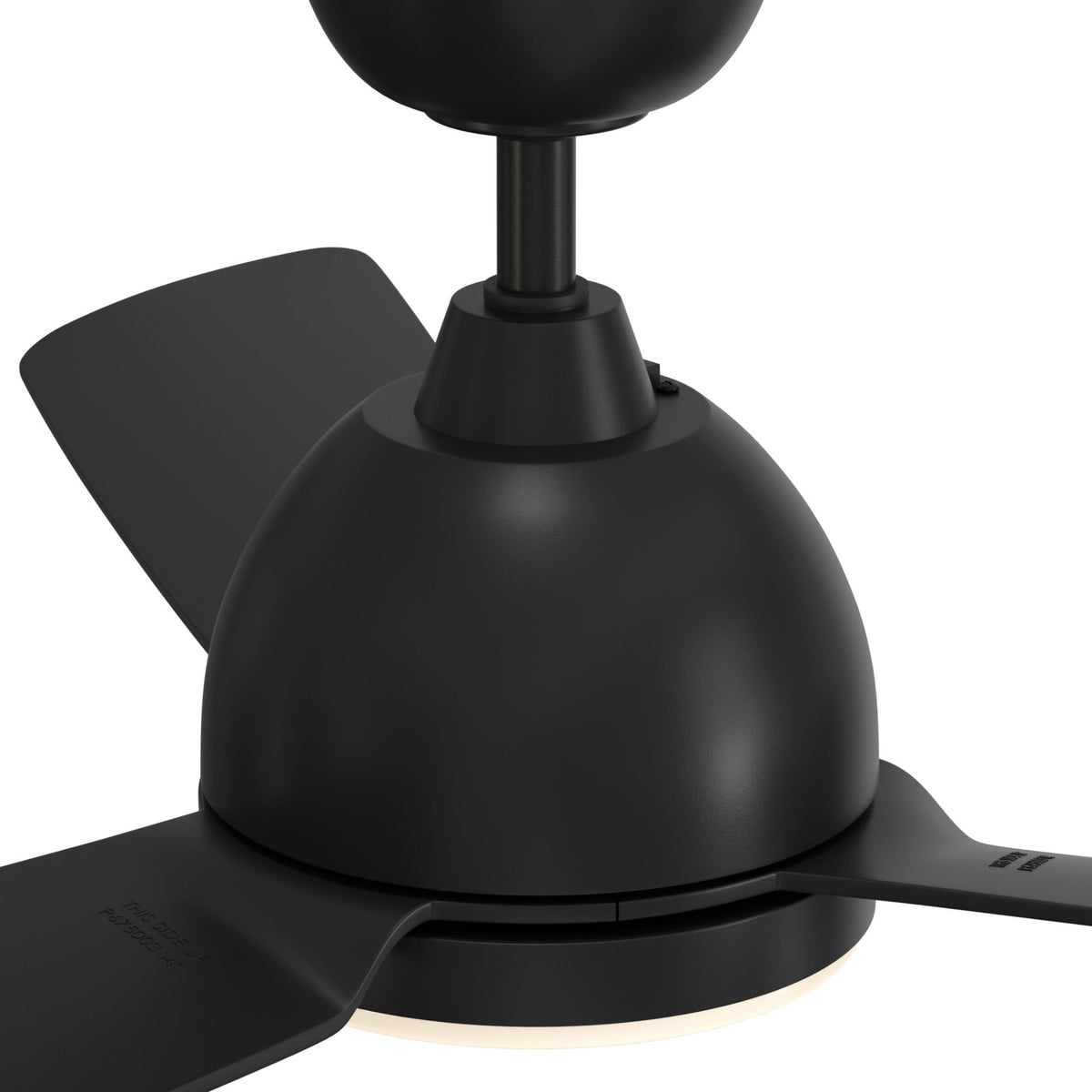 Black ceiling fan motor housing with blade and frosted LED light