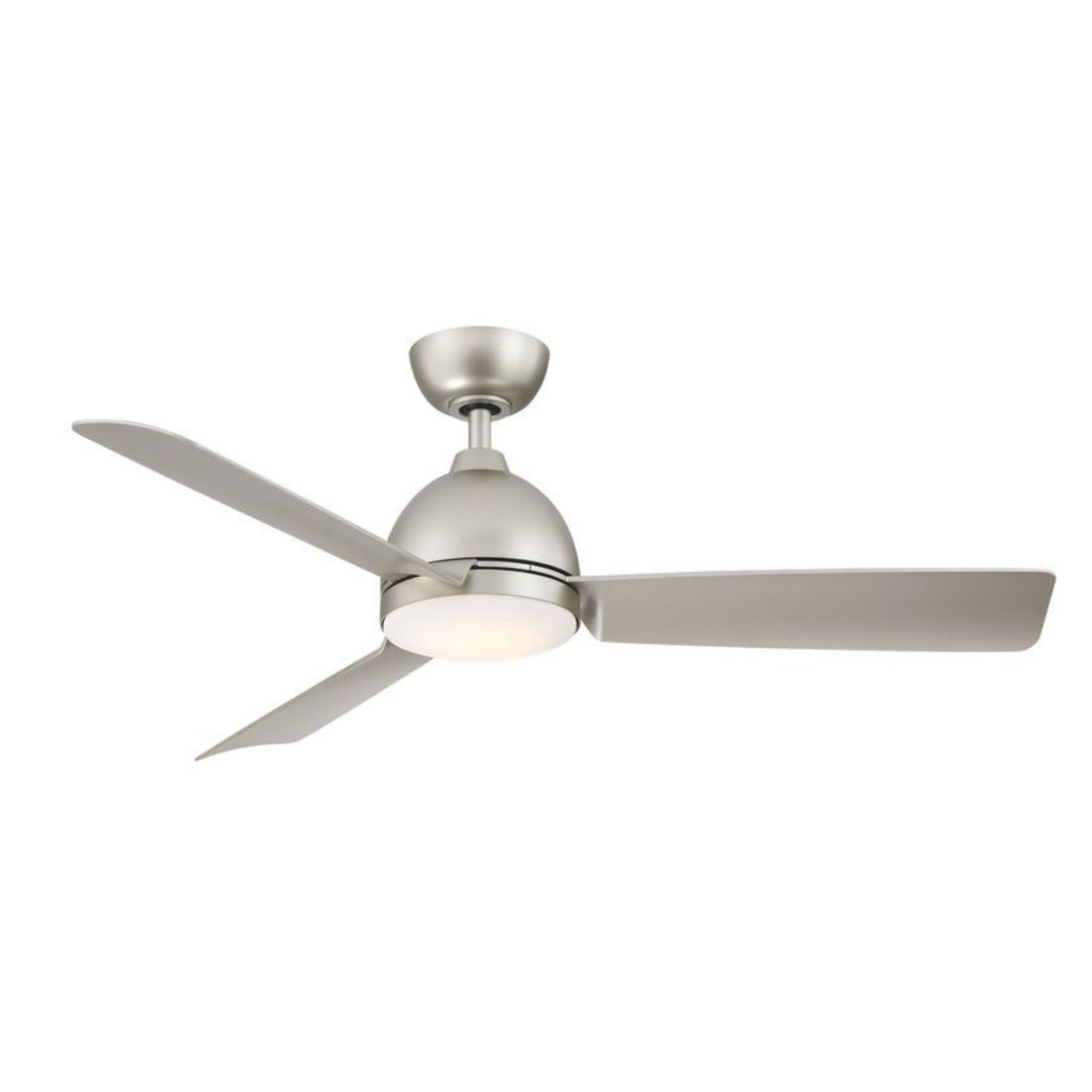 Nickel ceiling fan with four pale blades and LED light kit, centered on downrod