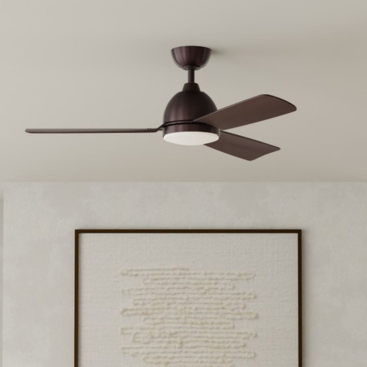Outdoor LED ceiling fan in dark bronze with integrated LED light and three blades