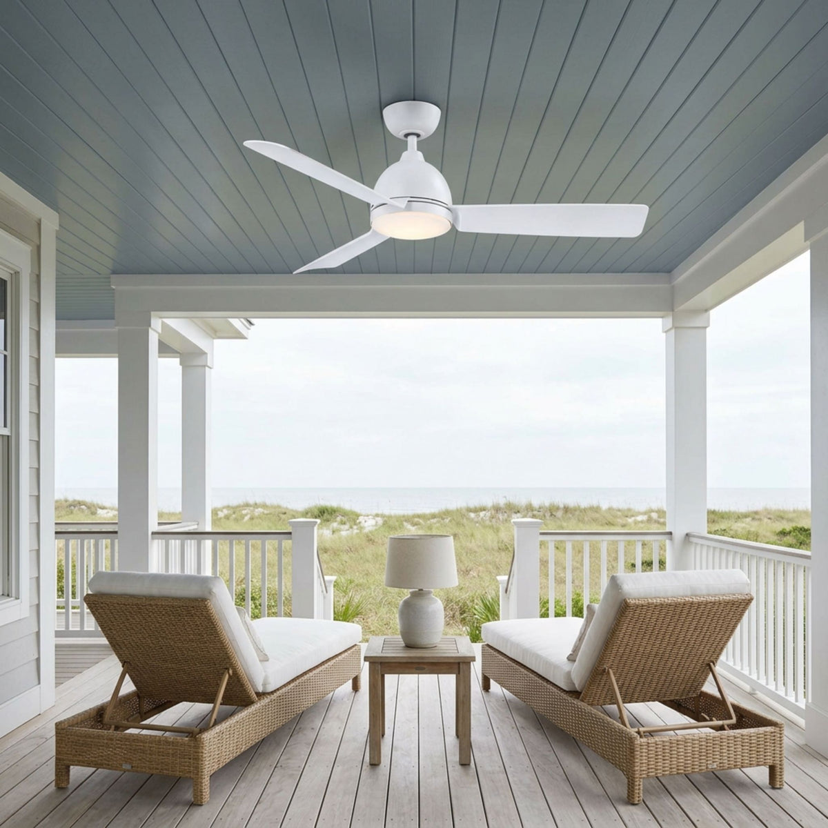White ceiling fan with integrated LED light kit on ceiling