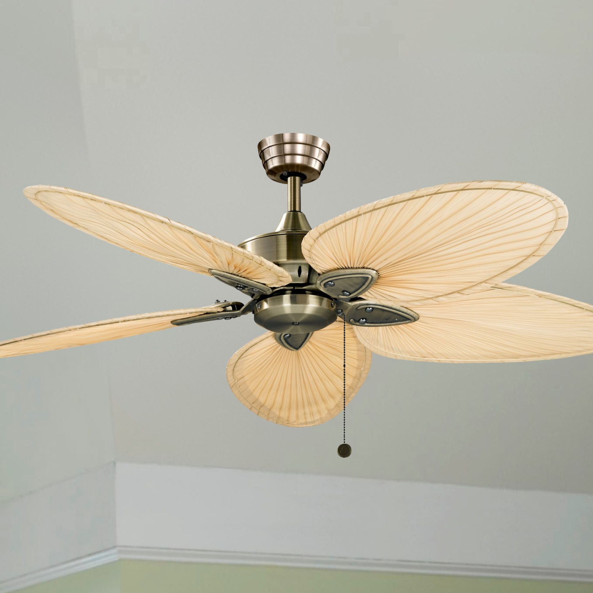 Windpointe 52" Antique Brass and Natural Narrow Oval Blades Ceiling Fan with Pull Chain