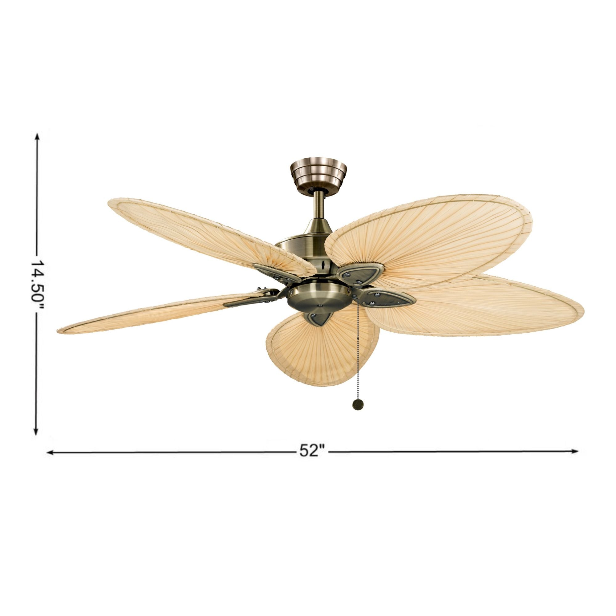 Windpointe 52" Antique Brass and Natural Narrow Oval Blades Ceiling Fan with Pull Chain
