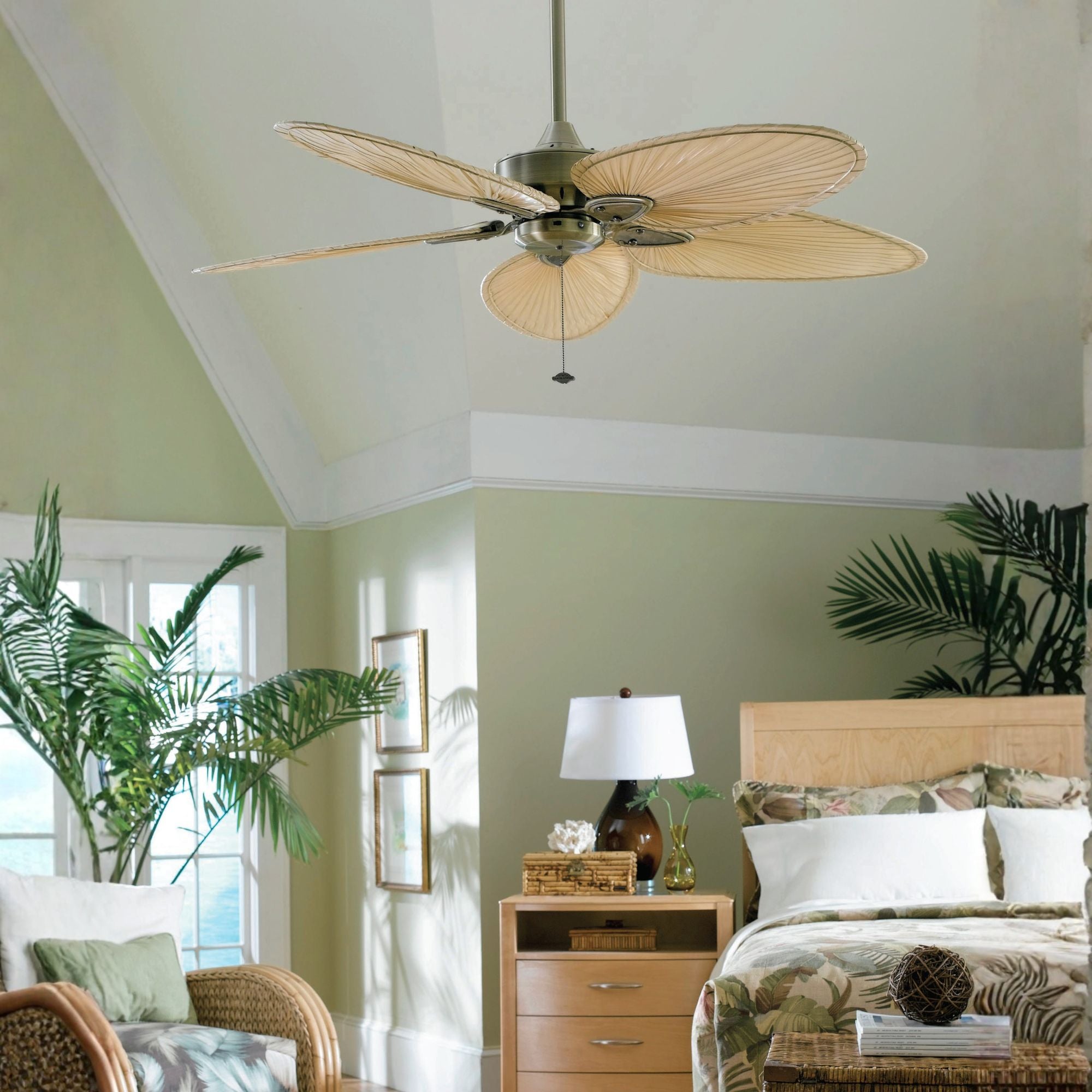 Windpointe 52" Antique Brass and Natural Narrow Oval Blades Ceiling Fan with Pull Chain