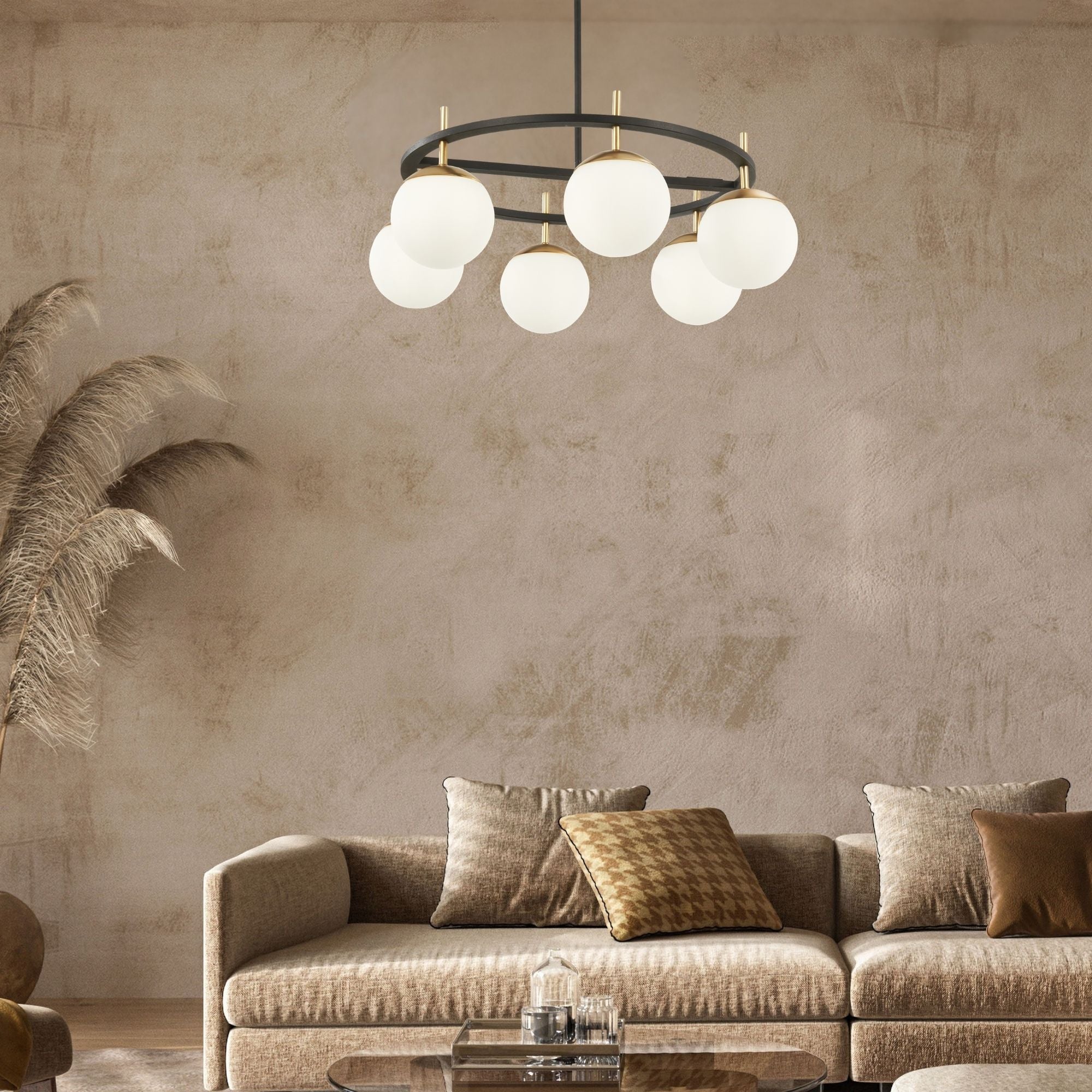 George Kovacs Alluria 27 in. 6-Light Pendant, Weathered Black with Autumn Gold Accents with Etched Opal Glass