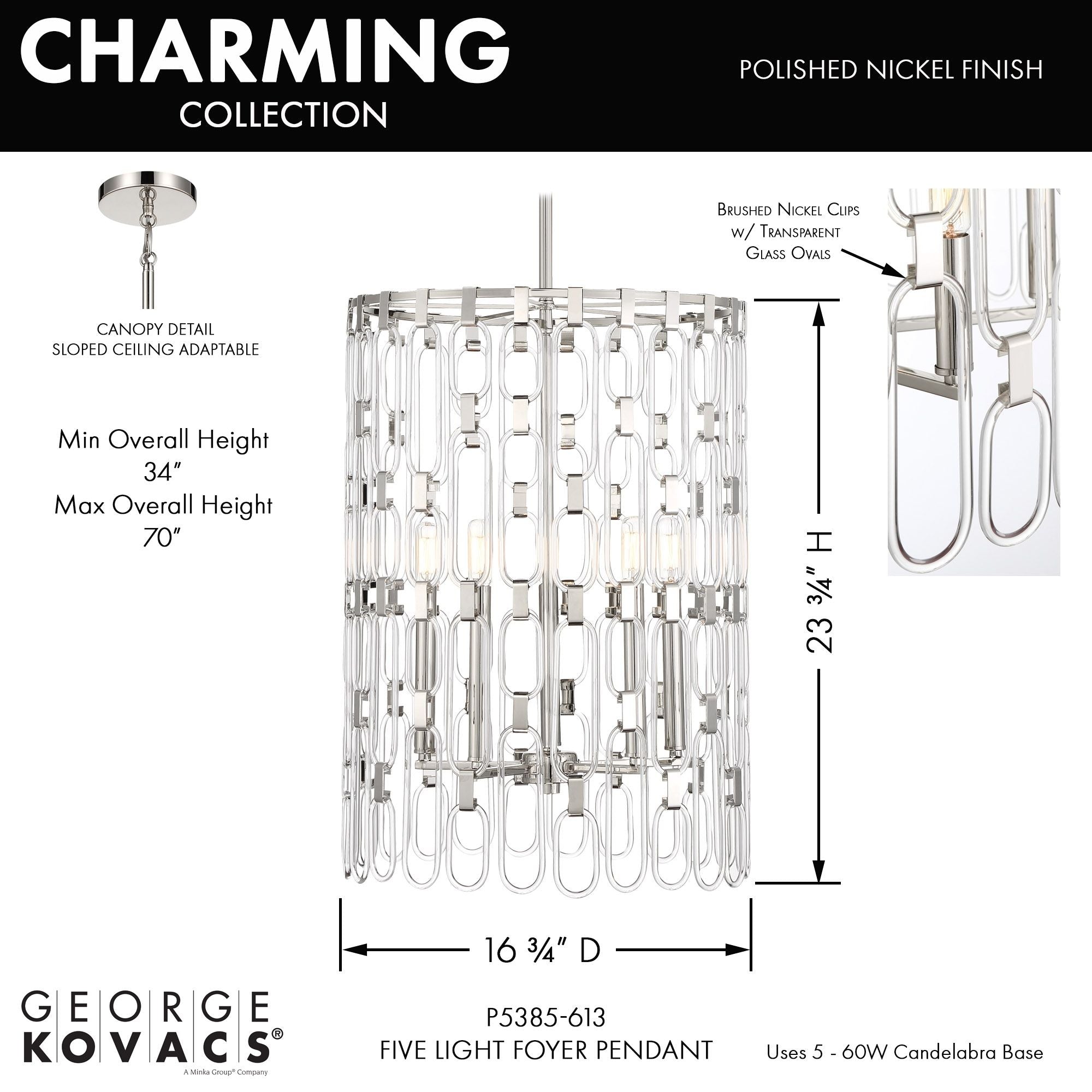 George Kovacs Charming 23.75 in. 5-Light Pendant, Polished Nickel