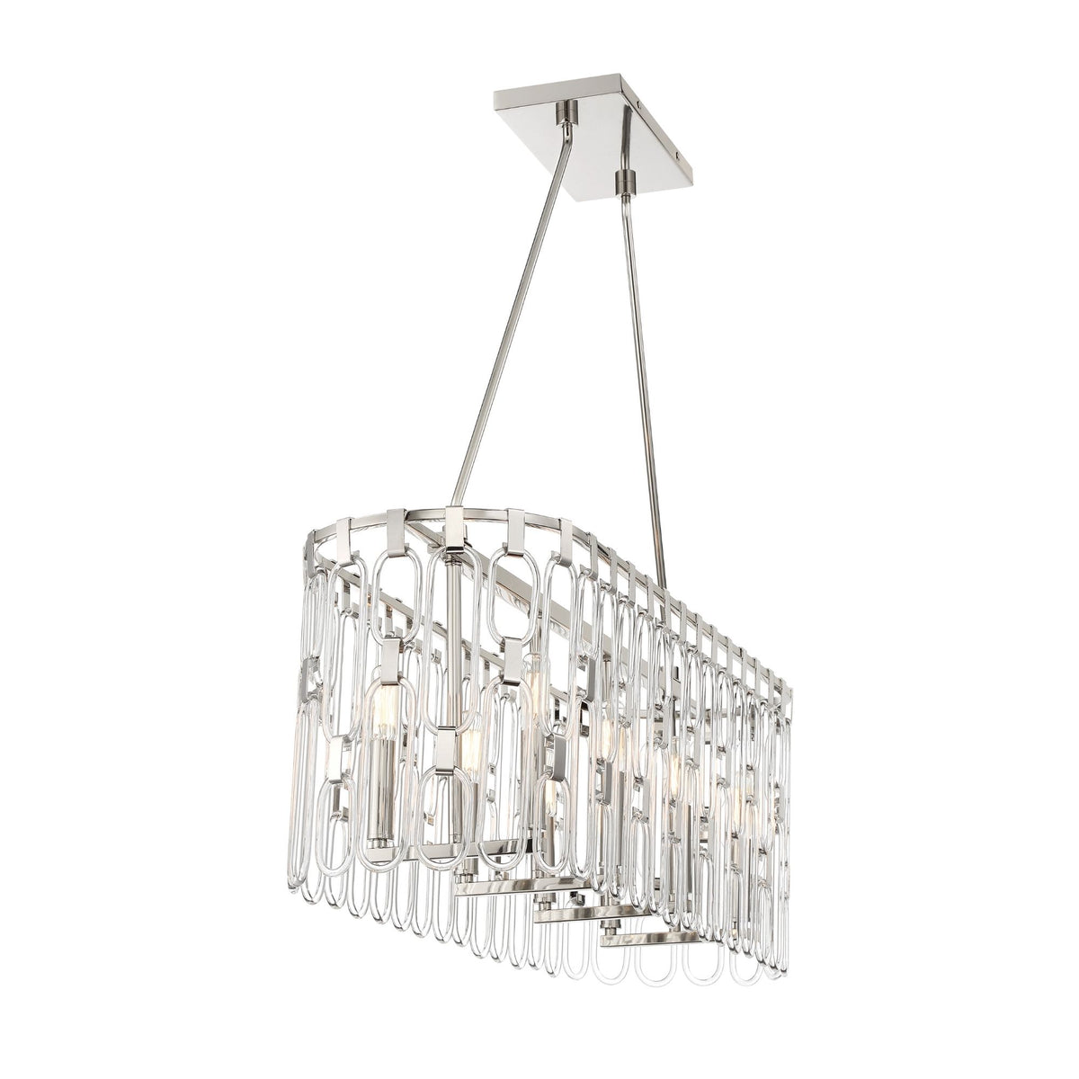 Polished nickel pendant chandelier with rounded rectangular frame and clear glass shades