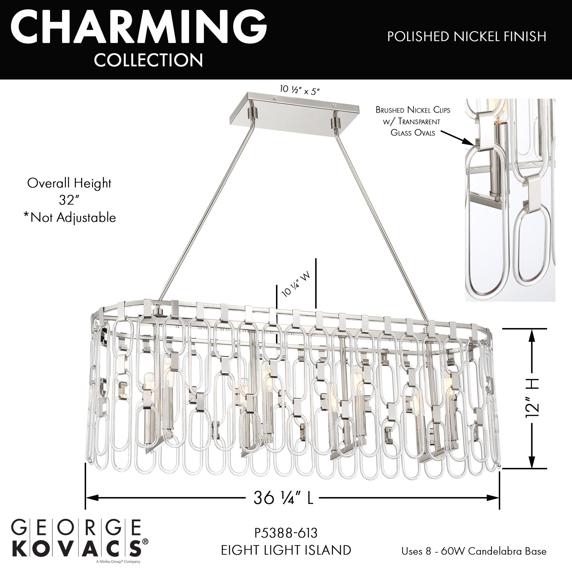 George Kovacs Charming 36.13" 8-Light Island Pendant, Polished Nickel