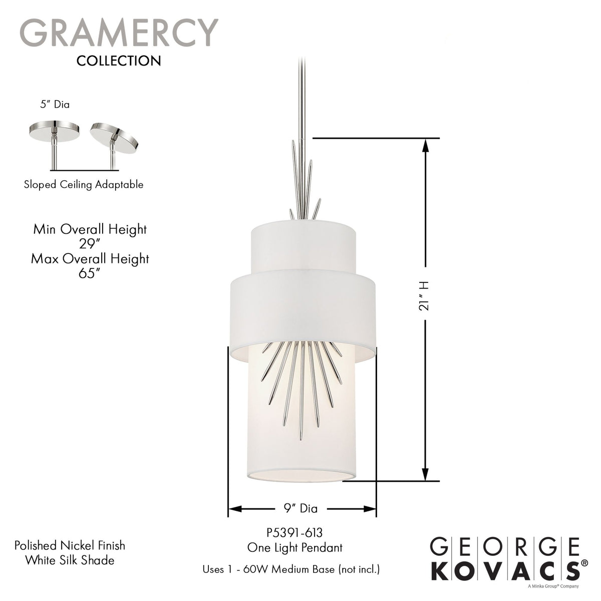George Kovacs Gramercy 21 in. Pendant Light, Polished Nickel with White Silk Drum Shade